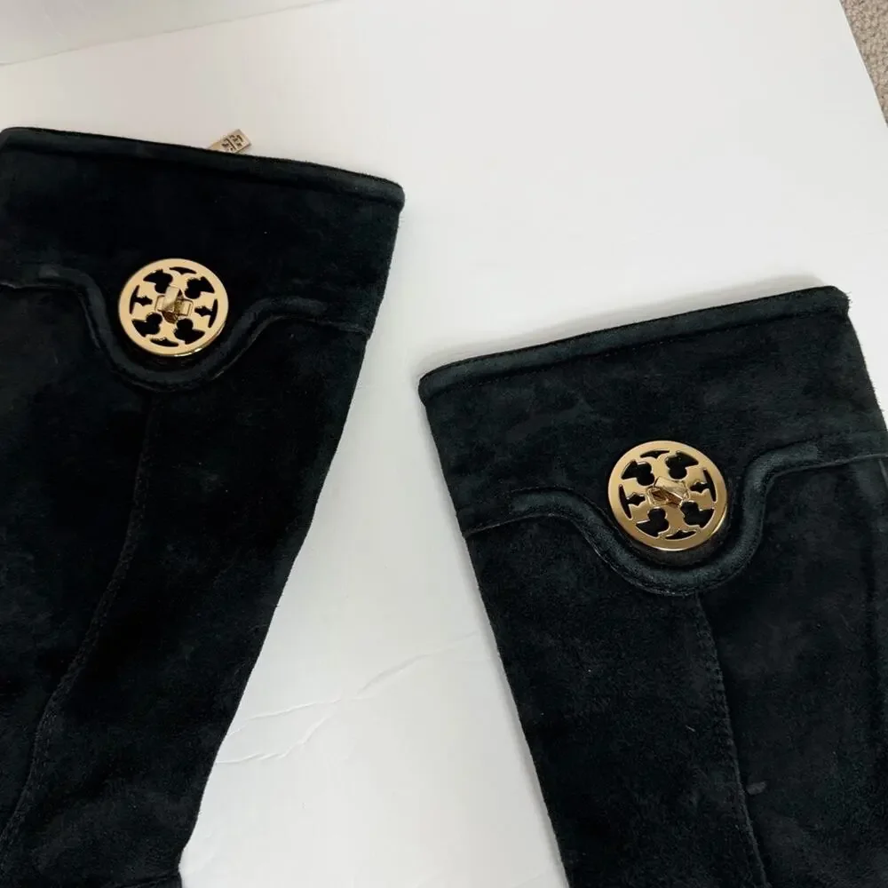 TORY BURCH BLACK SUEDE KNEE LENGTH FLAT BOOTS ZIPPER & GOLD LOGO MEDALLION 7.5